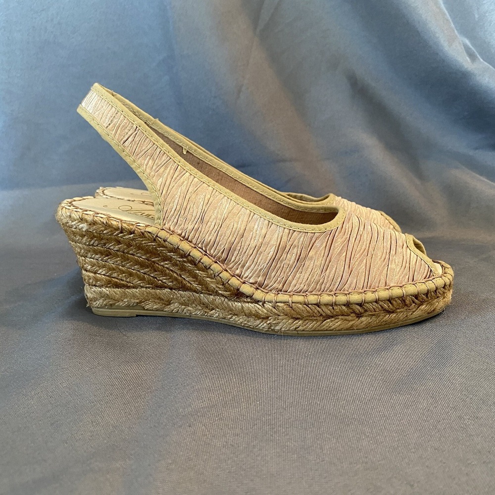 Azura Vera Pelle Gold/Beige Slingback Wedge Sandals SZ 36‎ Made In Spain